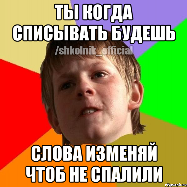 ТЫ КОГДА СПИСЫВАТЬ БУДЕШЬ СЛОВА ИЗМЕНЯЙ ЧТОБ НЕ СПАЛИЛИ, Мем Злой школьник