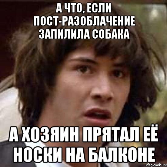 А что, если пост-разоблачение запилила собака а хозяин прятал её носки на балконе, Мем А что если (Киану Ривз)