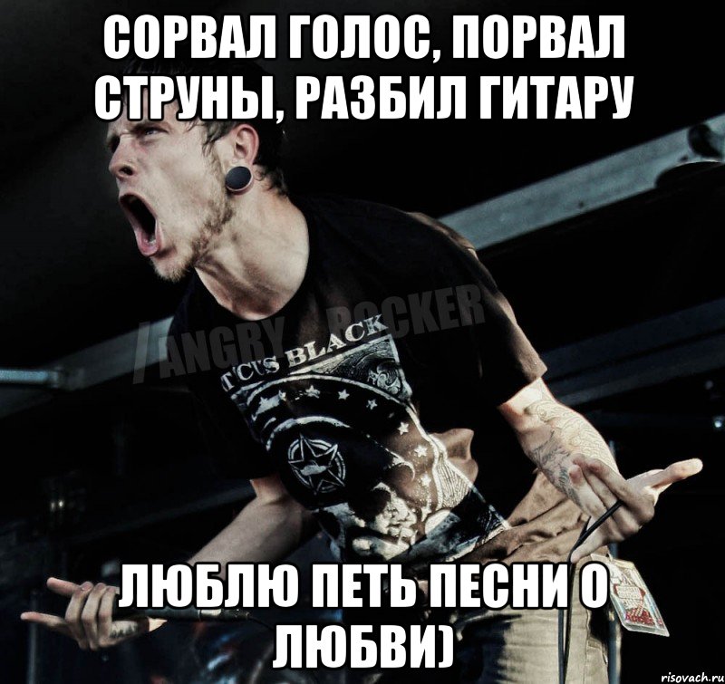 сорвал голос, порвал струны, разбил гитару люблю петь песни о любви), Мем Агрессивный Рокер