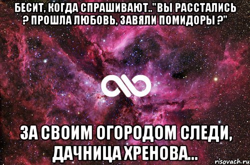 Бесит, когда спрашивают.."Вы расстались ? Прошла любовь, Завяли помидоры ?" За своим огородом следи, дачница хренова..., Мем офигенно