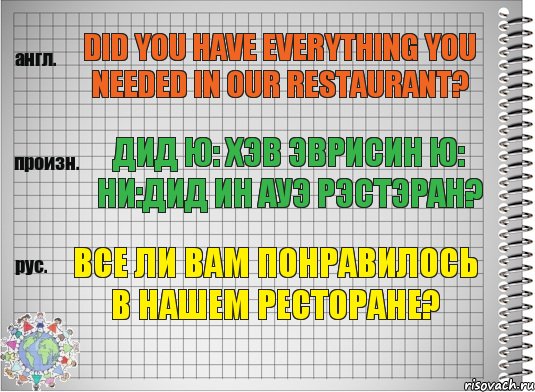 Did you have everything you needed in our restaurant? дид ю: хэв эврисин ю: ни:дид ин ауэ рэстэран? Все ли Вам понравилось в нашем ресторане?, Комикс  Перевод с английского