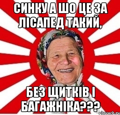 СИНКУ А ШО ЦЕ ЗА ЛІСАПЕД ТАКИЙ, БЕЗ ЩИТКІВ І БАГАЖНІКА???, Мем  бабуля