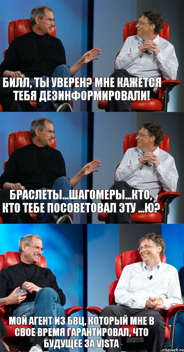 Билл, ты уверен? Мне кажется тебя дезинформировали! Браслеты...шагомеры...Кто, кто тебе посоветовал эту ...ю? Мой агент из БВЦ, который мне в свое время гарантировал, что будущее за Vista, Комикс Стив Джобс и Билл Гейтс (3 зоны)