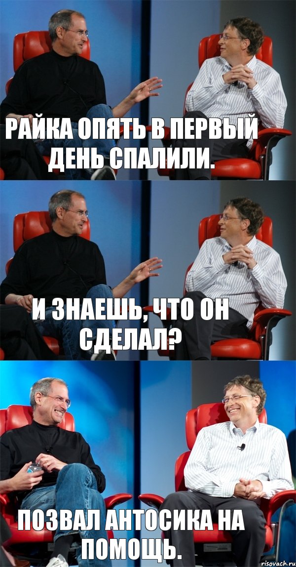 Райка опять в первый день спалили. И знаешь, что он сделал? Позвал Антосика на помощь.