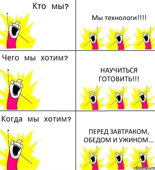 Мы технологи!!!! Научиться готовить!!! Перед завтраком, обедом и ужином..., Комикс Что мы хотим