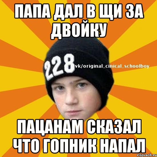 Папа дал в щи за двойку Пацанам сказал что гопник напал, Мем  Циничный школьник