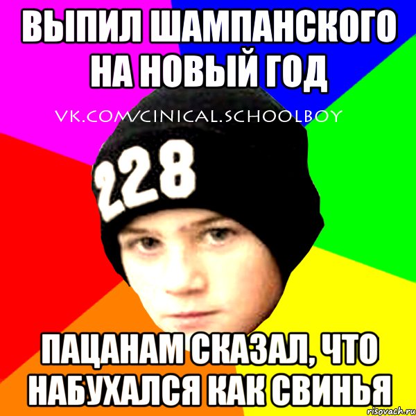 выпил шампанского на новый год пацанам сказал, что набухался как свинья, Мем  Циничный Школьник