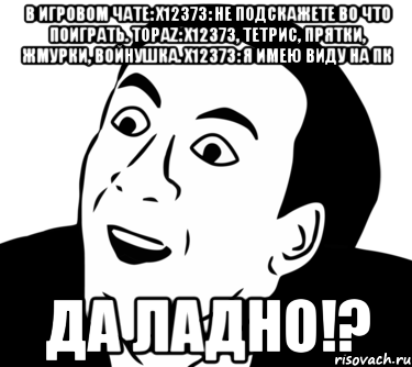 в игровом чате: x12373: Не подскажете во что поиграть. Topaz: x12373, тетрис, прятки, жмурки, войнушка. x12373: Я имею виду на пк Да ладно!?, Мем  Да ладно