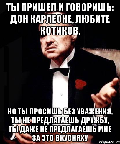 Ты пришел и говоришь: Дон Карлеоне, любите котиков. Но ты просишь без уважения, ты не предлагаешь дружбу, ты даже не предлагаешь мне за это ВКУСНЯХУ, Мем ты делаешь это без уважения