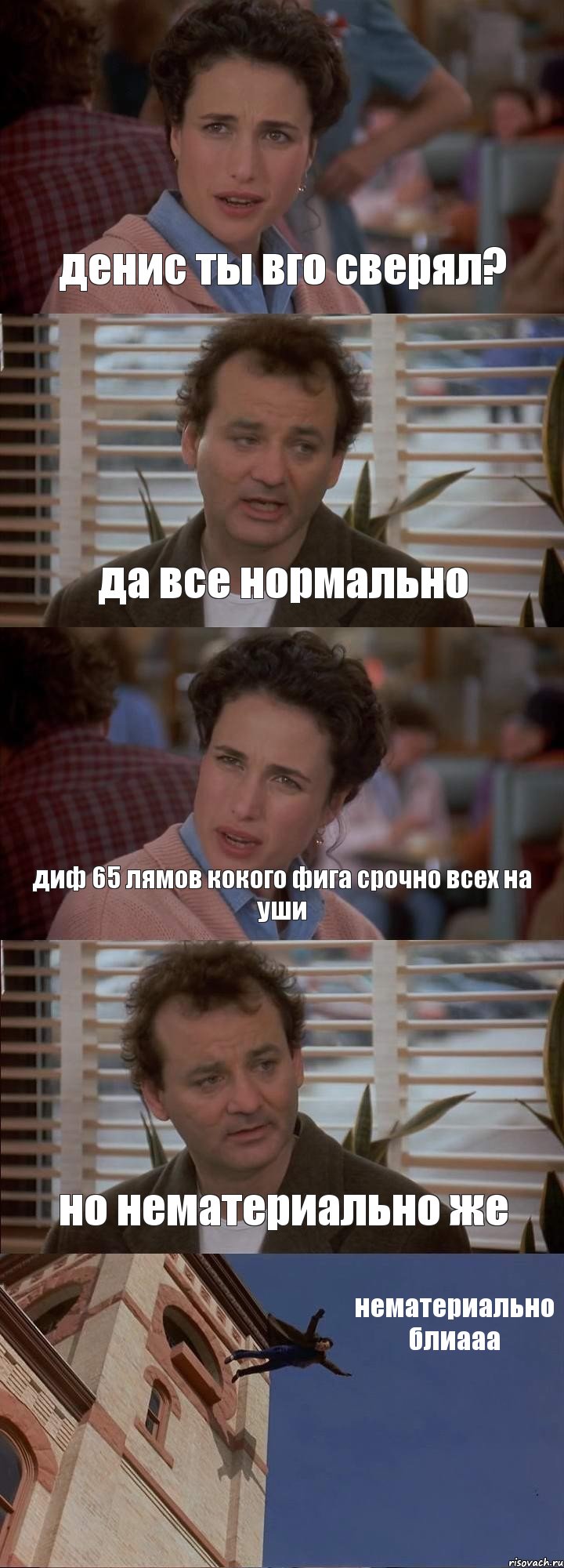 денис ты вго сверял? да все нормально диф 65 лямов кокого фига срочно всех на уши но нематериально же нематериально блиааа, Комикс День сурка