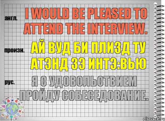 I would be pleased to attend the interview. ай вуд би плизд ту атэнд зэ интэ:вью Я с удовольствием пройду собеседование., Комикс  Перевод с английского