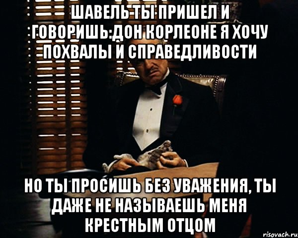 Шавель ты пришел и говоришь:Дон Корлеоне я хочу похвалы и справедливости Но ты просишь без уважения, ты даже не называешь меня крестным отцом, Мем Дон Вито Корлеоне