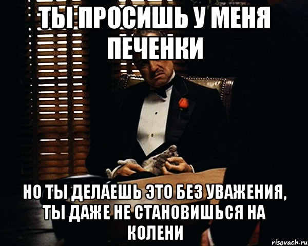 ТЫ ПРОСИШЬ У МЕНЯ ПЕЧЕНКИ НО ТЫ ДЕЛАЕШЬ ЭТО БЕЗ УВАЖЕНИЯ, ТЫ ДАЖЕ НЕ СТАНОВИШЬСЯ НА КОЛЕНИ, Мем Дон Вито Корлеоне