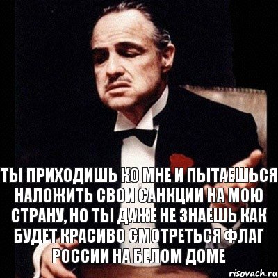 Ты приходишь ко мне и пытаешься наложить свои санкции на мою страну, но ты даже не знаешь как будет красиво смотреться флаг России на белом доме, Комикс Дон Вито Корлеоне 1