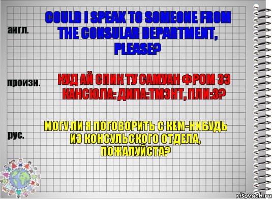 Could I speak to someone from the Consular Department, please? куд ай спик ту самуан фром зэ кансюла: дипа:тмэнт, пли:з? Могу ли я поговорить с кем-нибудь из Консульского отдела, пожалуйста?