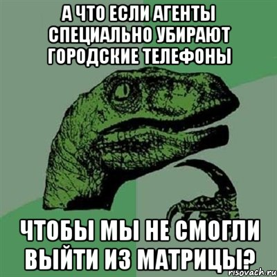 А ЧТО ЕСЛИ АГЕНТЫ СПЕЦИАЛЬНО УБИРАЮТ ГОРОДСКИЕ ТЕЛЕФОНЫ ЧТОБЫ МЫ НЕ СМОГЛИ ВЫЙТИ ИЗ МАТРИЦЫ?, Мем Филосораптор