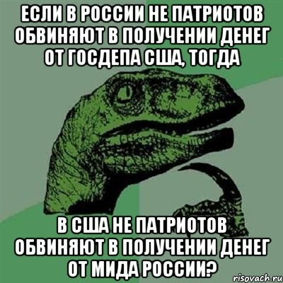 Если в России не патриотов обвиняют в получении денег от ГосДепа США, тогда в США не патриотов обвиняют в получении денег от МИДа России?, Мем Филосораптор