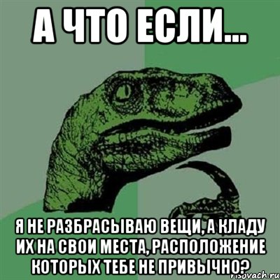 А что если... Я не разбрасываю вещи, а кладу их на свои места, расположение которых тебе не привычно?, Мем Филосораптор