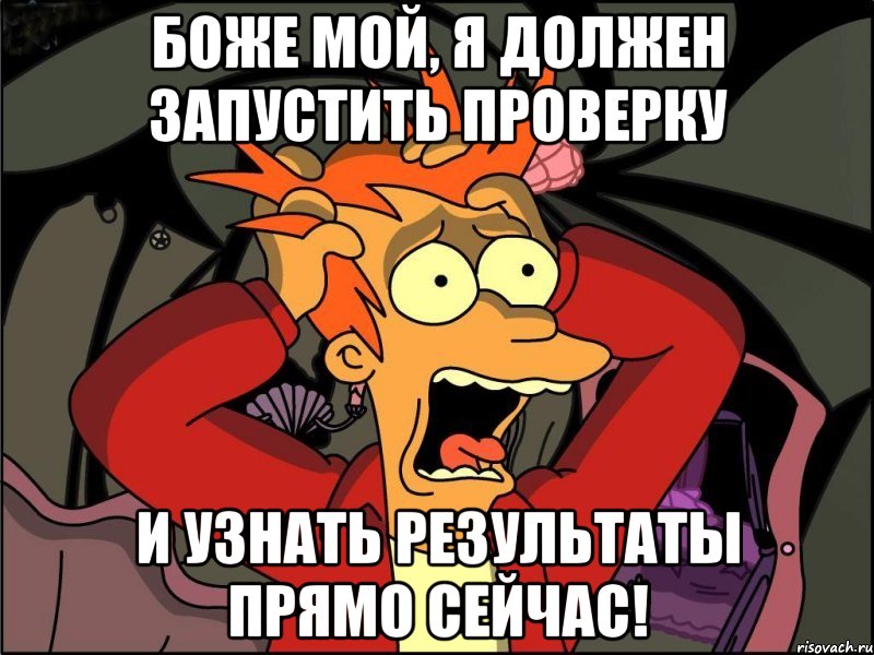 боже мой, я должен запустить проверку и узнать результаты прямо сейчас!, Мем Фрай в панике