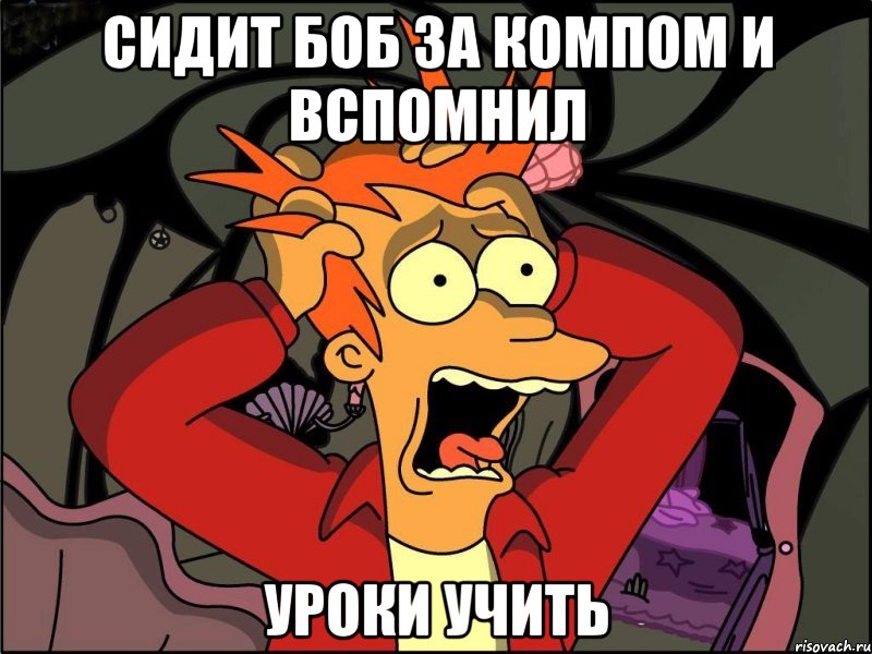 сидит боб за компом и вспомнил УРОКИ УЧИТЬ, Мем Фрай в панике