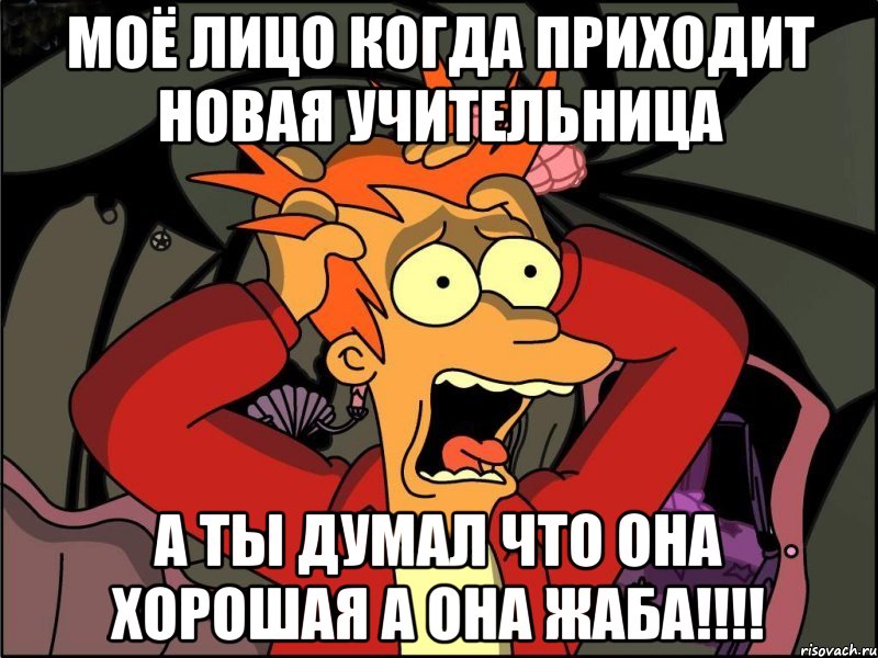 Моё лицо когда приходит новая учительница а ты думал что она хорошая а она жаба!!!!, Мем Фрай в панике