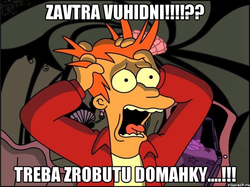 zavtra vuhidni!!!!?? treba zrobutu domahky....!!!, Мем Фрай в панике