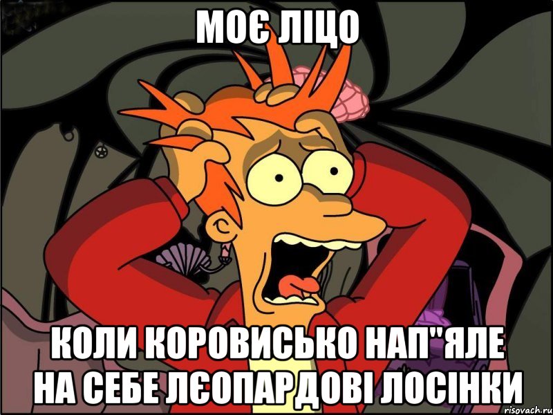 моє ліцо коли коровисько нап"яле на себе лєопардові лосінки, Мем Фрай в панике