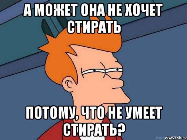 А может она не хочет стирать потому, что не умеет стирать?, Мем  Фрай (мне кажется или)