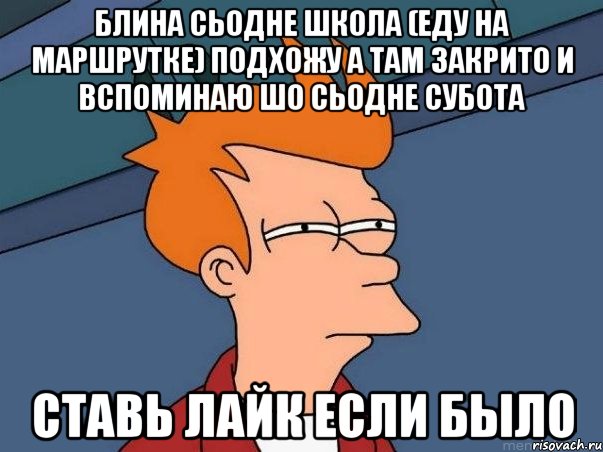 блина сьодне школа (еду на маршрутке) подхожу а там закрито и вспоминаю шо сьодне субота ставь лайк если было, Мем  Фрай (мне кажется или)