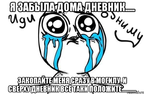 Я забыла дома дневник..... Закопайте меня сразу в могилу. И сверху дневник всё таки положите.........., Мем Иди обниму