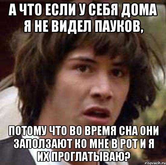 А ЧТО ЕСЛИ У СЕБЯ ДОМА Я НЕ ВИДЕЛ ПАУКОВ, ПОТОМУ ЧТО ВО ВРЕМЯ СНА ОНИ ЗАПОЛЗАЮТ КО МНЕ В РОТ И Я ИХ ПРОГЛАТЫВАЮ?, Мем А что если (Киану Ривз)