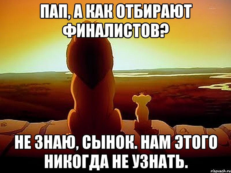 Пап, а как отбирают финалистов? не знаю, сынок. Нам этого никогда не узнать., Мем  король лев