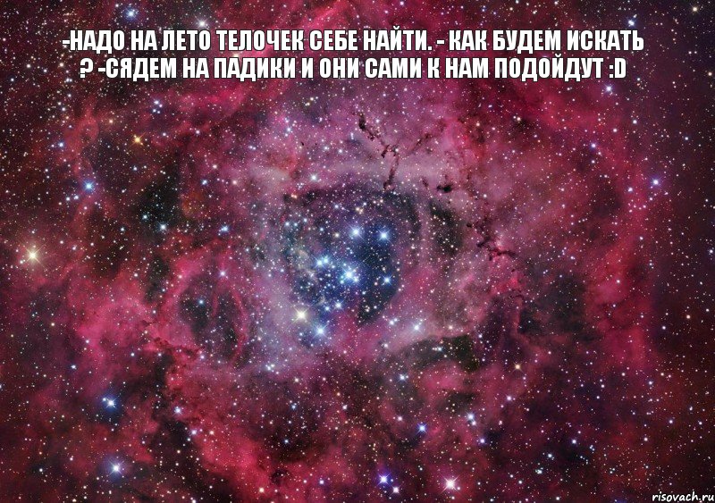 -Надо на лето телочек себе найти. - Как будем искать ? -Сядем на падики и они сами к нам подойдут :D 