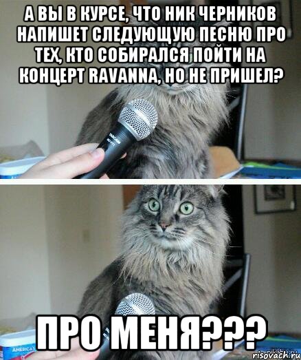 А вы в курсе, что Ник Черников напишет следующую песню про тех, кто собирался пойти на концерт RAVANNA, но не пришел? Про меня???, Комикс  кот с микрофоном