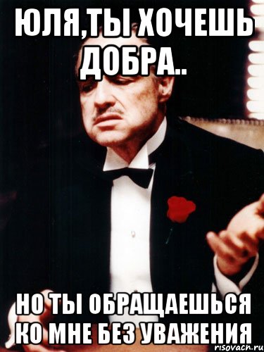 ЮЛЯ,ТЫ хочешь добра.. НО ты обращаешься ко мне без уважения, Мем ты делаешь это без уважения