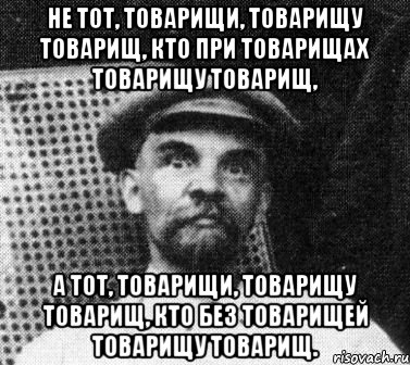 Не тот, товарищи, товарищу товарищ, Кто при товарищах товарищу товарищ, А тот, товарищи, товарищу товарищ, Кто без товарищей товарищу товарищ., Мем   Ленин удивлен