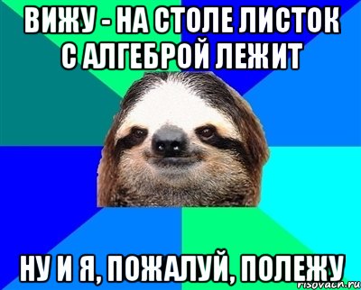 ВИЖУ - НА СТОЛЕ ЛИСТОК С АЛГЕБРОЙ ЛЕЖИТ НУ И Я, ПОЖАЛУЙ, ПОЛЕЖУ, Мем Ленивец