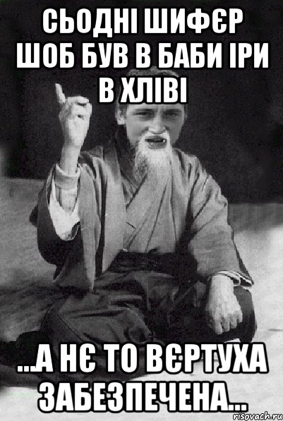 Сьодні шифєр шоб був в баби іри в хліві ...А нє то вєртуха забезпечена..., Мем Мудрий паца