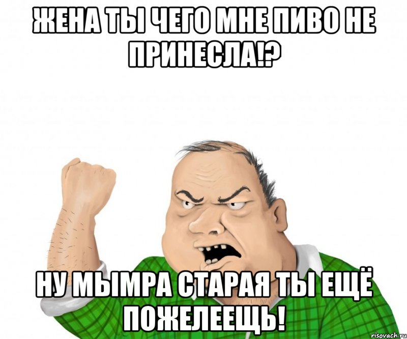 ЖЕНА ТЫ ЧЕГО МНЕ ПИВО НЕ ПРИНЕСЛА!? НУ МЫМРА СТАРАЯ ТЫ ЕЩЁ ПОЖЕЛЕЕЩЬ!, Мем мужик