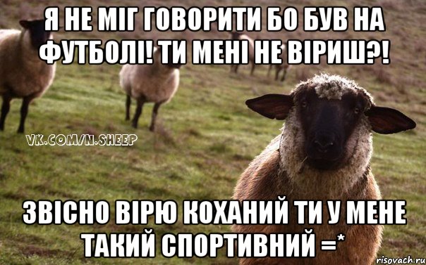 Я не міг говорити бо був на футболі! ти мені не віриш?! Звісно вірю коханий ти у мене такий спортивний =*, Мем  Наивная Овца