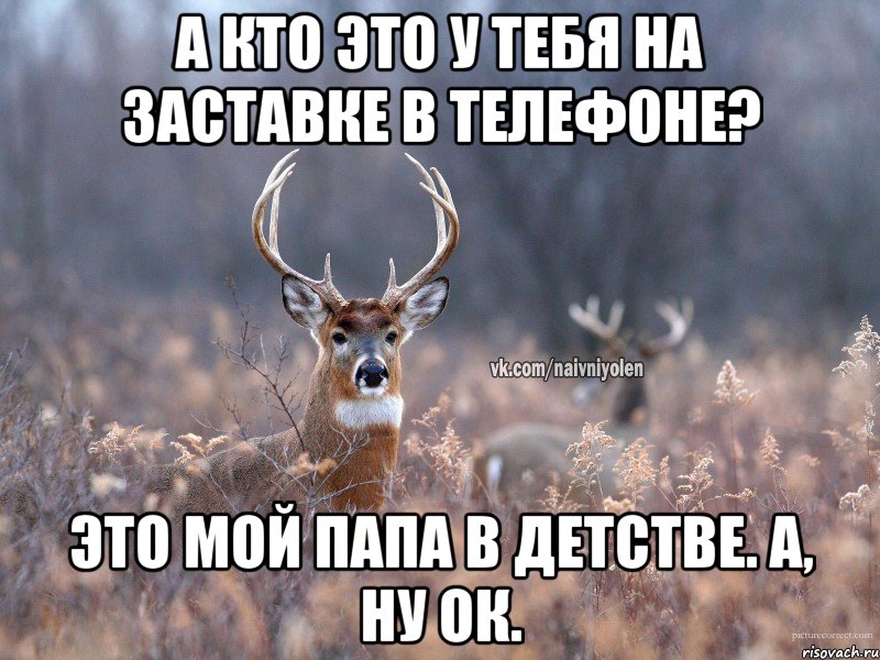 А кто это у тебя на заставке в телефоне? Это мой папа в детстве. А, ну ок., Мем   Наивный олень