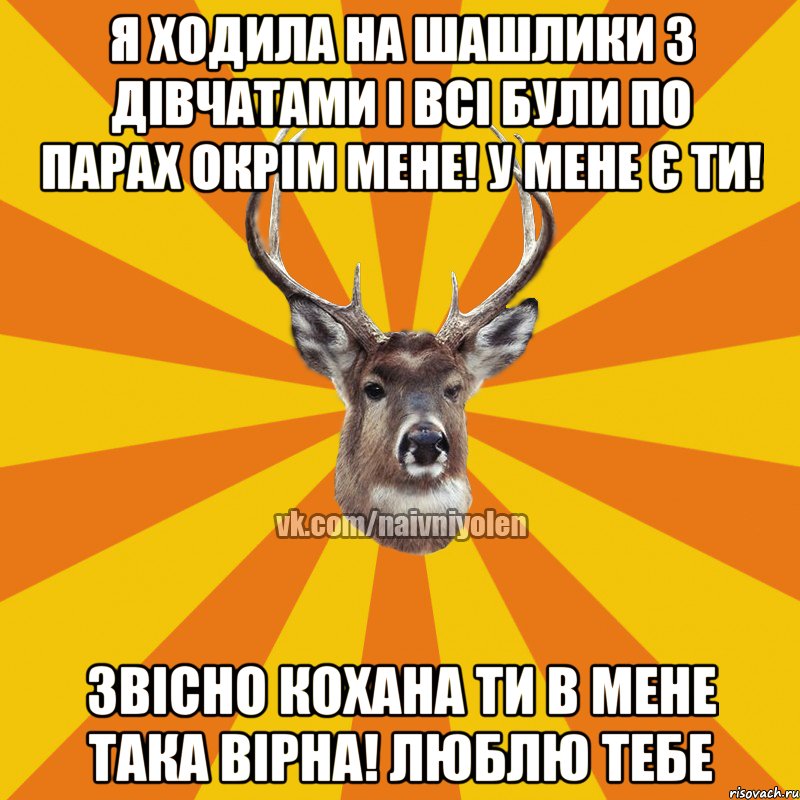 Я ходила на шашлики з дівчатами і всі були по парах окрім мене! У мене є ти! Звісно кохана ти в мене така вірна! Люблю тебе, Мем Наивный Олень вк