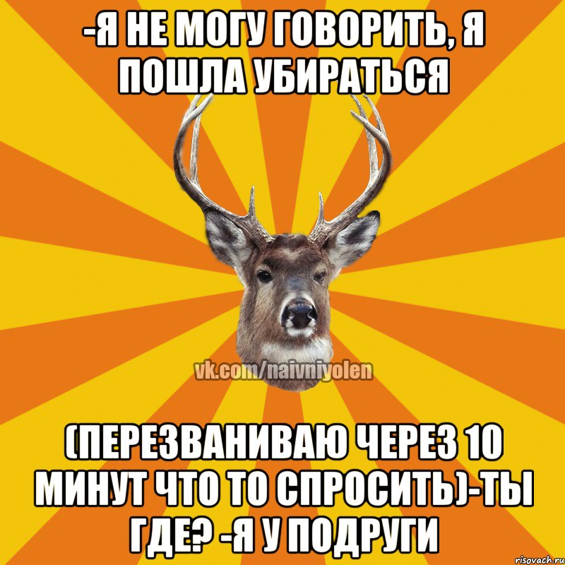 -Я не могу говорить, я пошла убираться (перезваниваю через 10 минут что то спросить)-ты где? -я у подруги, Мем Наивный Олень вк