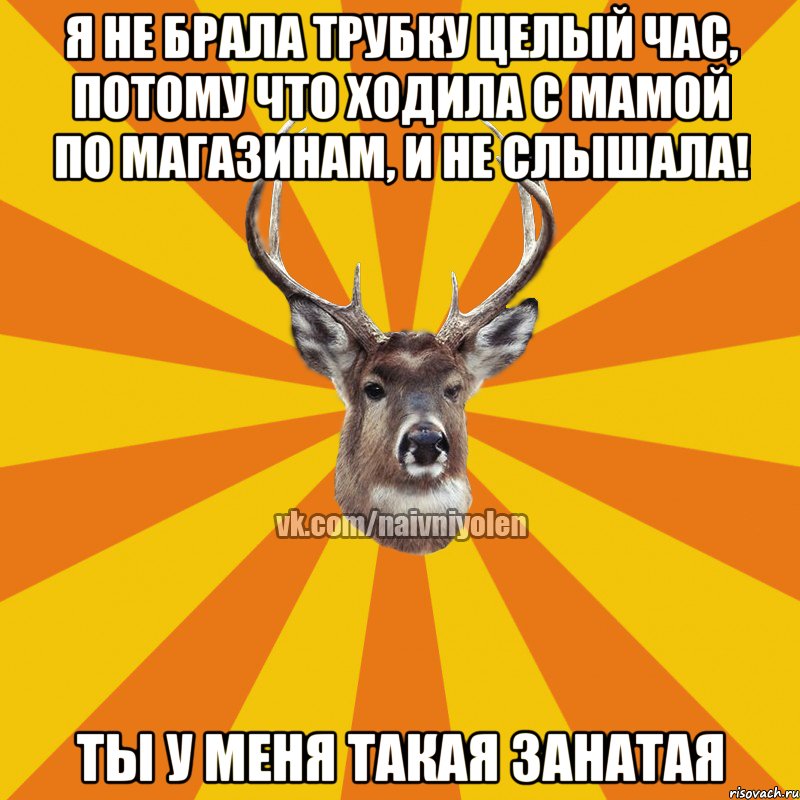 Я не брала трубку целый час, потому что ходила с мамой по магазинам, и не слышала! Ты у меня такая занатая