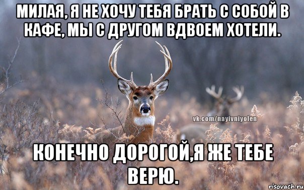 Милая, я не хочу тебя брать с собой в кафе, мы с другом вдвоем хотели. Конечно дорогой,я же тебе верю., Мем   Наивный олень