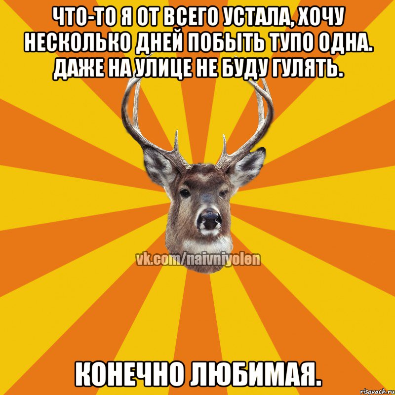 Что-то я от всего устала, хочу несколько дней побыть тупо одна. Даже на улице не буду гулять. Конечно любимая., Мем Наивный Олень вк