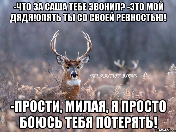 -что за Саша тебе звонил? -это мой дядя!Опять ты со своей ревностью! -Прости, милая, я просто боюсь тебя потерять!, Мем   Наивный олень