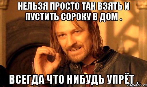 НЕЛЬЗЯ ПРОСТО ТАК ВЗЯТЬ И ПУСТИТЬ СОРОКУ В ДОМ . ВСЕГДА ЧТО НИБУДЬ УПРЁТ ., Мем Нельзя просто так взять и (Боромир мем)