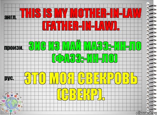 This is my mother-in-law (father-in-law). зис из май мазэ:-ин-ло (фазэ:-ин-ло) Это моя свекровь (свекр)., Комикс  Перевод с английского