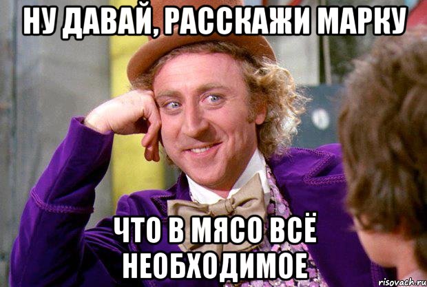 Ну давай, расскажи Марку что в мясо всё необходимое, Мем Ну давай расскажи (Вилли Вонка)